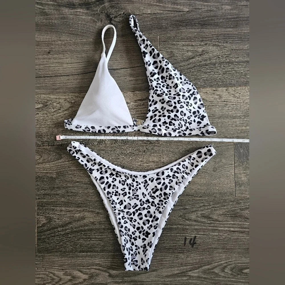 szL Animal Print Colorblock High Waist String Bikini Vacation Beach Pool Mobwife